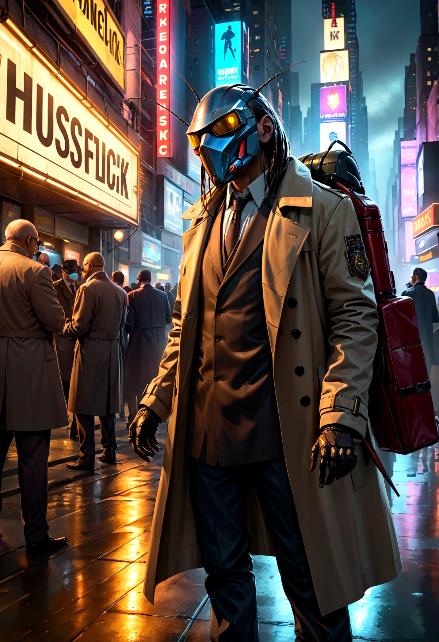 a humanoid cockroach in a trench coat and a wax human mask, attempting to mimic humans in new york city, hyper-realistic, cinematic lighting, moody, dark, gritty, cyberpunk, intricate details, award-winning concept art, 8k, photorealistic, masterpiece