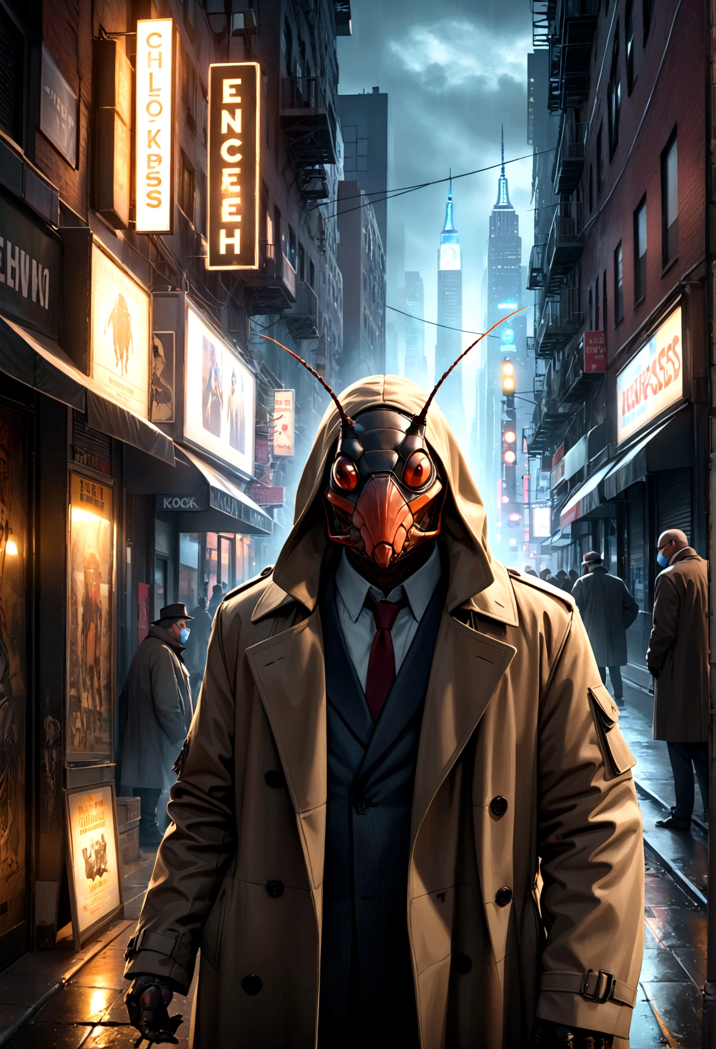 a humanoid cockroach in a trench coat and a wax human mask, attempting to mimic humans in new york city, hyper-realistic, cinematic lighting, moody, dark, gritty, cyberpunk, intricate details, award-winning concept art, 8k, photorealistic, masterpiece