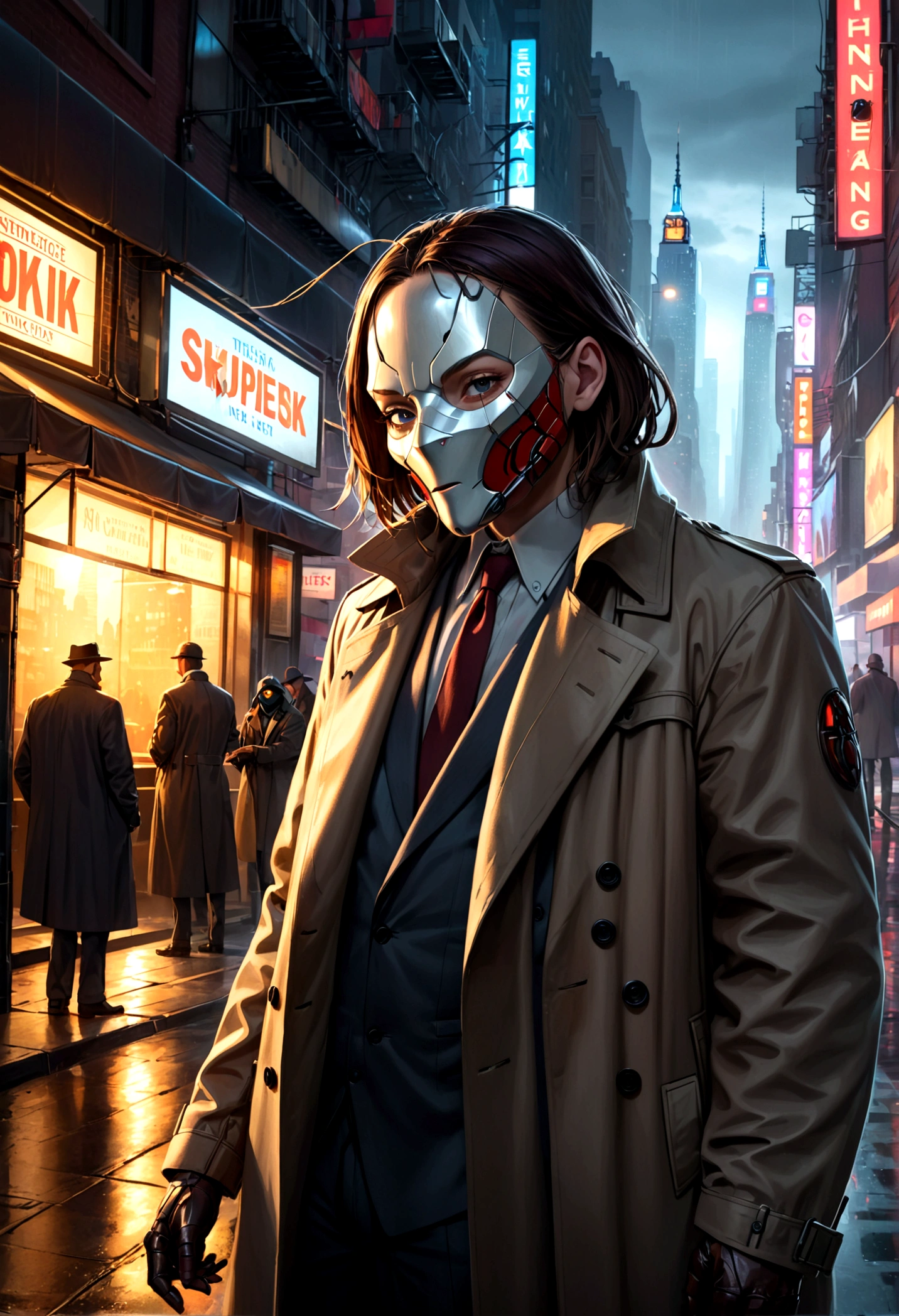 a humanoid cockroach in a trench coat and a wax human mask, attempting to mimic humans in new york city, hyper-realistic, cinematic lighting, moody, dark, gritty, cyberpunk, intricate details, award-winning concept art, 8k, photorealistic, masterpiece