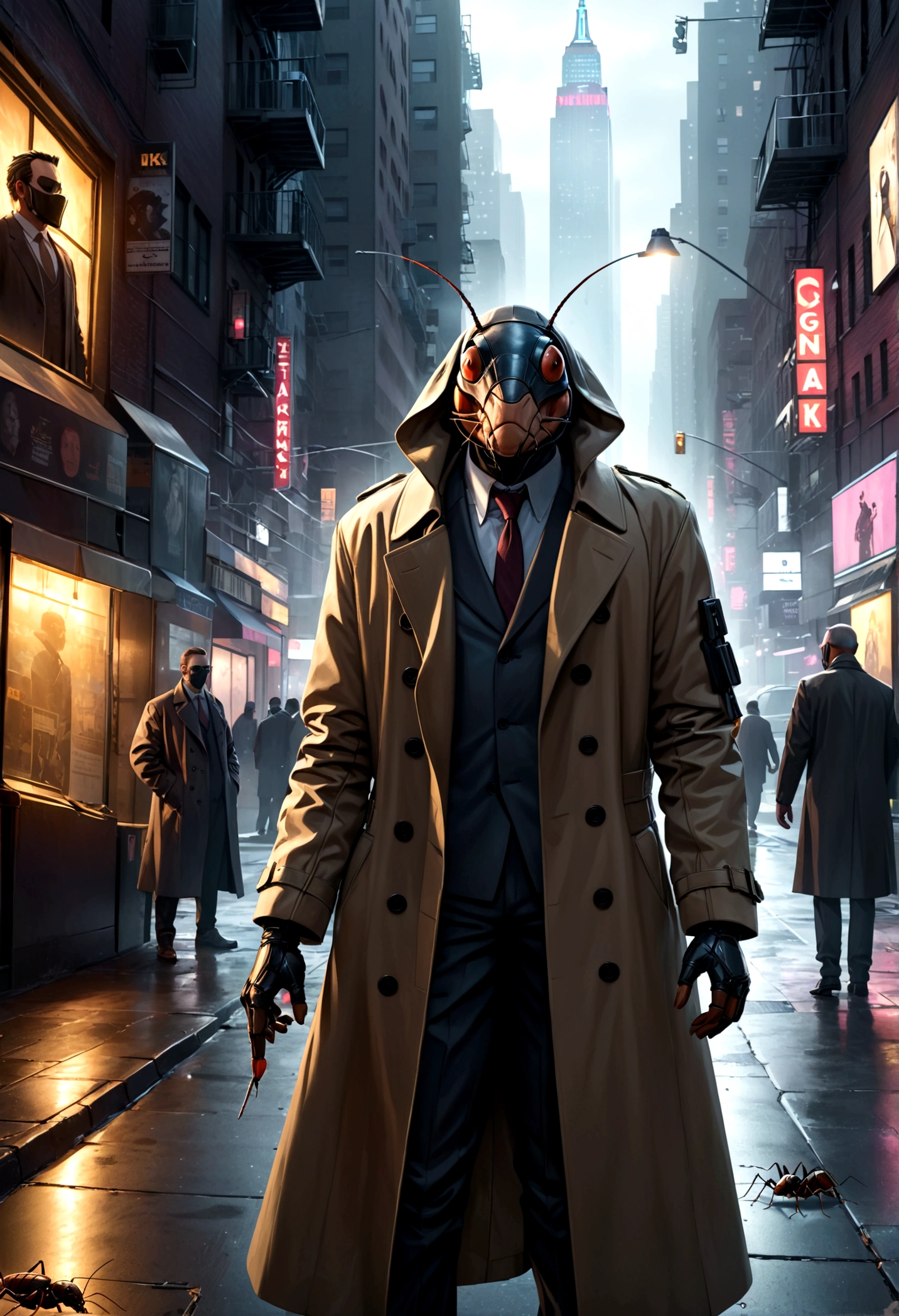 a humanoid cockroach in a trench coat and a wax human mask, attempting to mimic humans in new york city, hyper-realistic, cinematic lighting, moody, dark, gritty, cyberpunk, intricate details, award-winning concept art, 8k, photorealistic, masterpiece