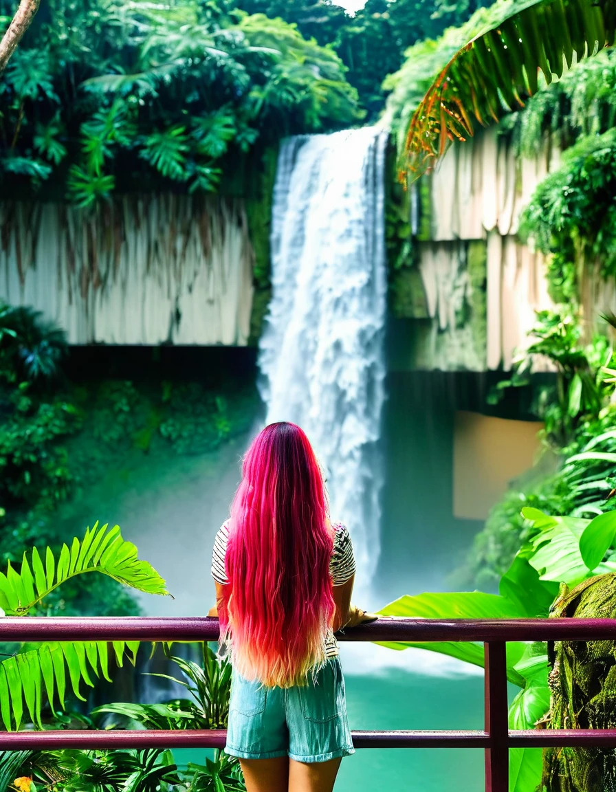 woman with long pink hair, standing on a railing in a Singapore tropical garden, standing in a botanical garden, next to a waterfall, with trees and waterfalls, standing in front of a waterfall, in a jungle environment, standing near a waterfall, waterfall in the background, in a tropical forest, with waterfalls, waterfalls in the background, amidst nature, set on Singaporean aesthetic, wide angle shot, far away shot
