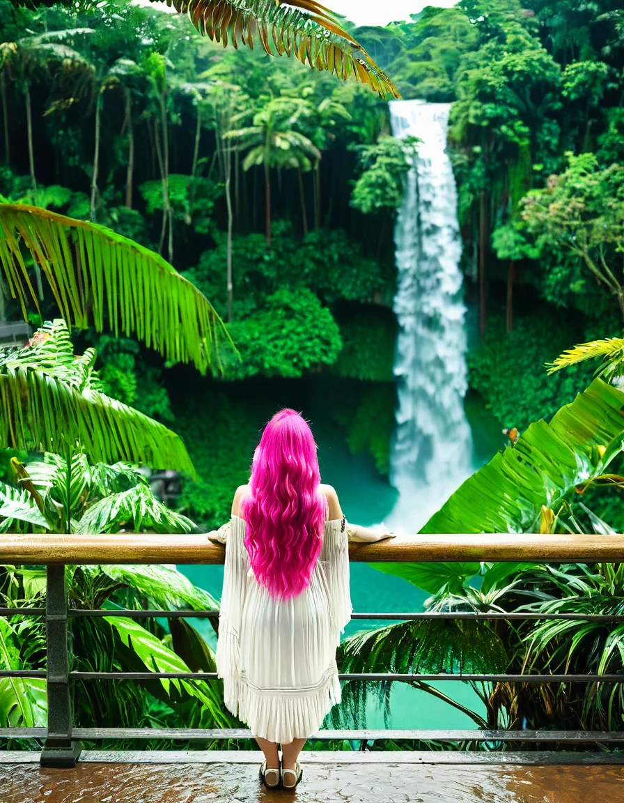 woman with long pink hair, standing on a railing in a Singapore tropical garden, standing in a botanical garden, next to a waterfall, with trees and waterfalls, standing in front of a waterfall, in a jungle environment, standing near a waterfall, waterfall in the background, in a tropical forest, with waterfalls, waterfalls in the background, amidst nature, set on Singaporean aesthetic, wide angle shot, far away shot
