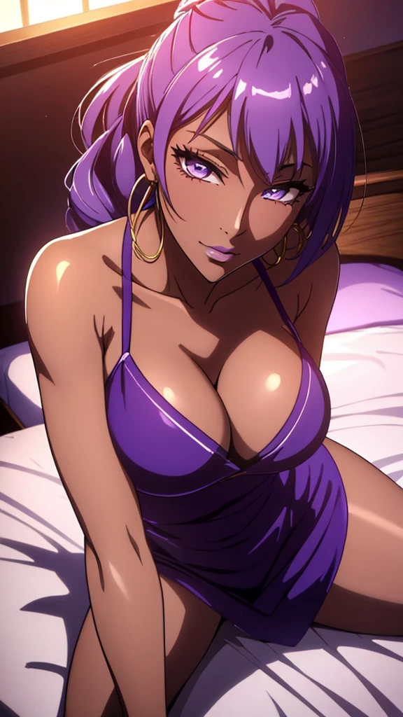 (masterpiece, High resolution, Highest quality:1.3), Professional artwork, 8K, Very detailed, complicated,  Vivid image, Sharp focus, Trending on pixiv , Mini Dress, pose, alone, Mature Woman, 40 years old, Mature Woman, , (Dark Skinned female:1.2), (Dark Skin:1.1), Verbal invitation, View your viewers, Long Hair, ponytail, (Hair on one eye:0.8), Circlet, Dress, Purple lips, Hoop Earrings, Lock, Perfect Eyes, Perfect Face, Ultra detailed hair, Detailed face,(Sleep on your back on a luxurious bed),Spread your legs