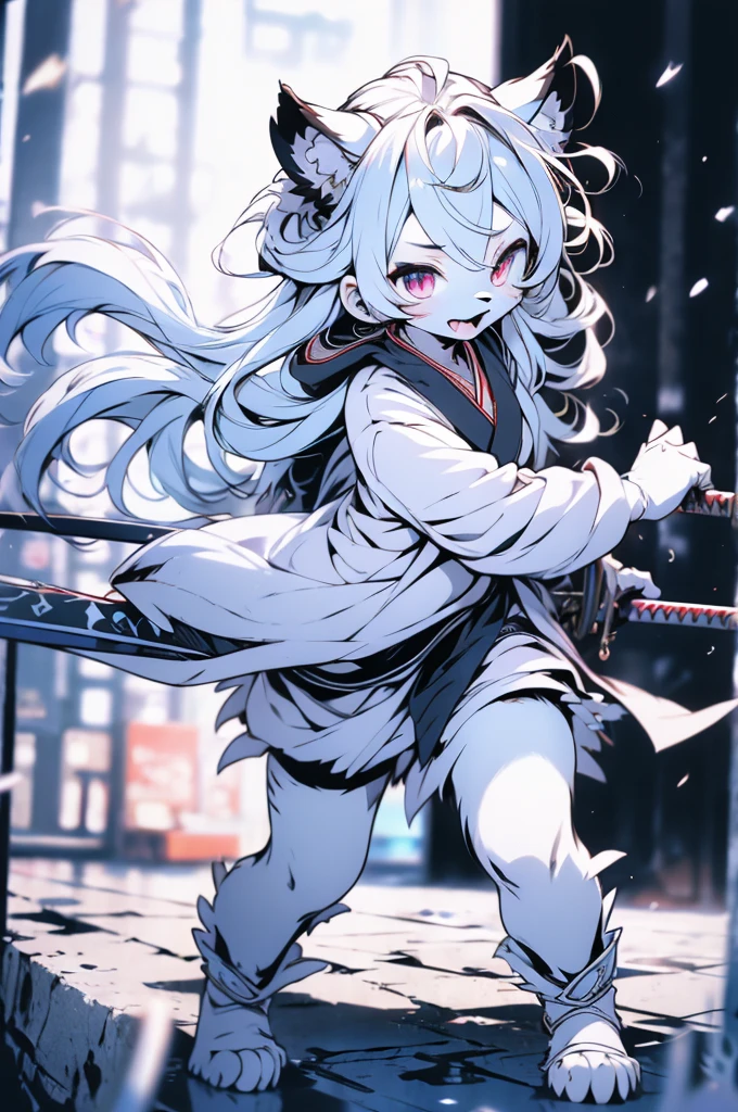 {clioranko style:1.05,rella style:0.8,QUASARCAKE style:1.4,Rolua style:1.1},Best quality,Very detailed,,light,Ray Tracing,Golden Ratio\),furry，furry，hairy，hairy，White Tiger少女，White Tiger，White Tiger，White Tiger少女，全身White hair，White Hair，White hair，Snow background，Snow and ice theme，Hanfu，Hanfu下摆，遮住大腿的Hanfu下摆，穿着Hanfu，中式Hanfu，手持Long Sword，Sword in hand，Martial arts style，手持Long Sword的White Tiger少女，Full body close-up，Lean forward，Juhechop，Draw the sword and cut，手持Long Sword，持有Long Sword，拿着Long Sword，Long Sword，Long Sword，Long Sword，Highlight the role，Sassy，Keep your mouth shut，cool girl，indifferent，Cold，poker face，Loose long hair，Loose long hair，Cold气质，Loose long hair，Cold，Blood-red eyes，Maniac