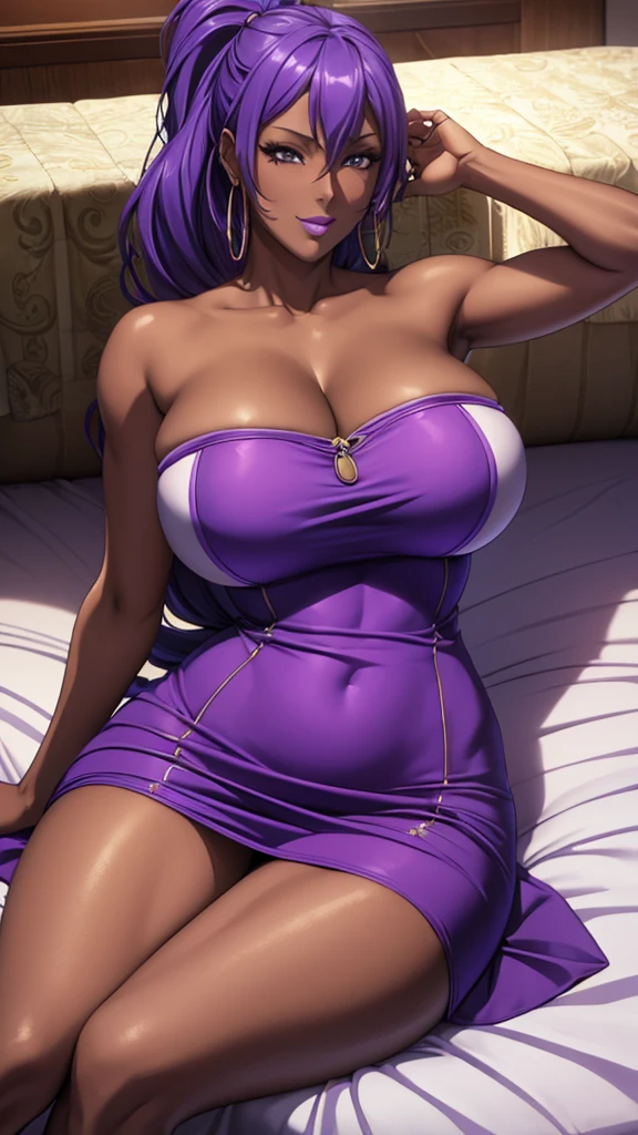 (masterpiece, High resolution, Highest quality:1.3), Professional artwork, 8K, Very detailed, complicated, Vivid image, Sharp focus, Trending on pixiv ,Sexy Mini Dress,Sexy pose, alone, Mature Woman, 40 years old, Mature Woman, Curvy, (Dark Skinned female:1.2), (Dark Skin:1.1), Verbal invitation, View your viewers, Long Hair, ponytail, (Hair on one eye:0.8), Circlet,Sexy Dress, Purple lips, Hoop Earrings, Lock, Perfect Eyes, Perfect Face, Ultra detailed hair, Detailed face,(Sleep on your back on a luxurious bed),Spread your legs