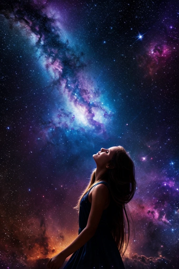 a lateral view of a girl with long hair flying through the air into the sky on a galaxy looking background, facing up, floating in the cosmos nebula, floating in front of a dark nebula, seeming to search for something from above, dim lights shining from above
