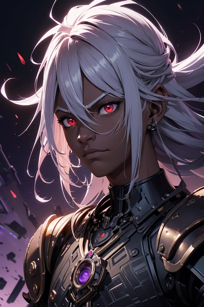 masterpiece, best quality, ultra high res, dark theme, 1boy, ((mechanical armor)), (steampunk), (serious), dark skinned, human, upper body, portrait, red eyes, long white hair, Xemnas from Kingdom Hearts, half-drow, pointy ears, serious face, dramatic lighting, purple hue, art by Kinema Citrus and Tetsuya Nomura