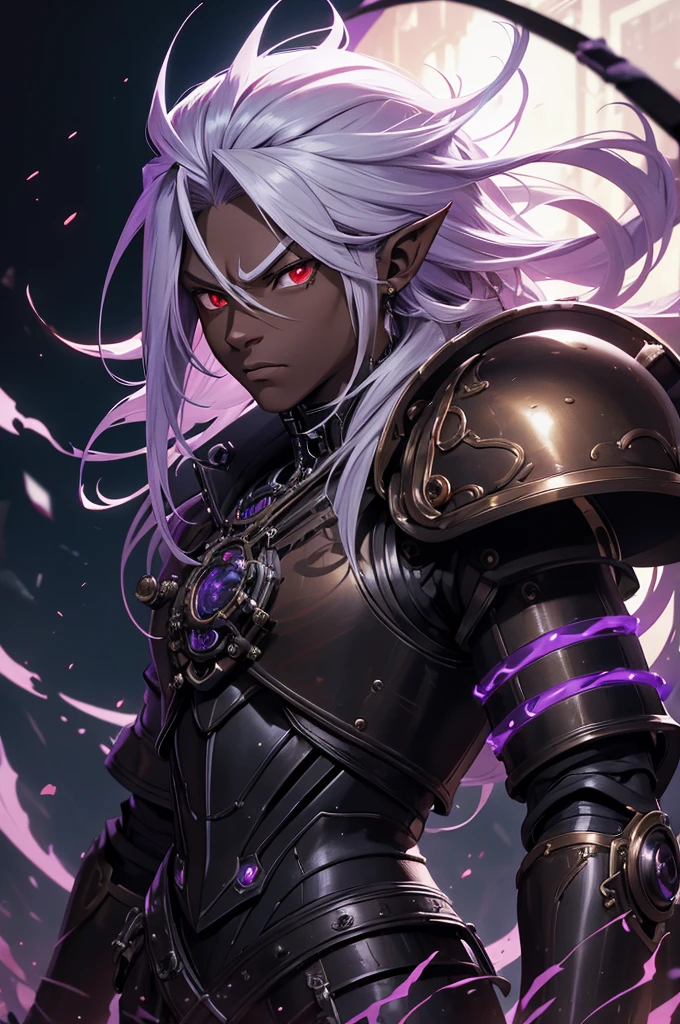 masterpiece, best quality, ultra high res, dark theme, 1boy, ((mechanical armor)), (steampunk), (serious), dark skinned, human, upper body, portrait, red eyes, long white hair, Xemnas from Kingdom Hearts, half-drow, pointy ears, serious face, dramatic lighting, purple hue, art by Kinema Citrus and Tetsuya Nomura