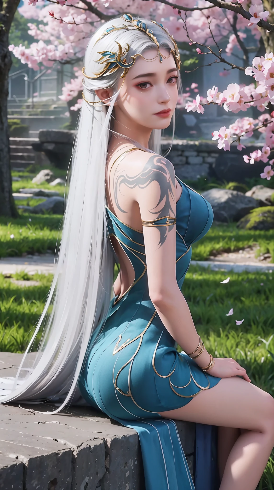 a beautiful young woman in a flowing silk dress, long white hair, blushing face, looking back over her shoulder, revealing her figure, barefoot in a cherry blossom forest, (best quality,4k,8k,highres,masterpiece:1.2),ultra-detailed,(realistic,photorealistic,photo-realistic:1.37),intricate details,highly detailed,chiaroscuro lighting,warm color tones,cinematic lighting,hyper realistic,dramatic lighting