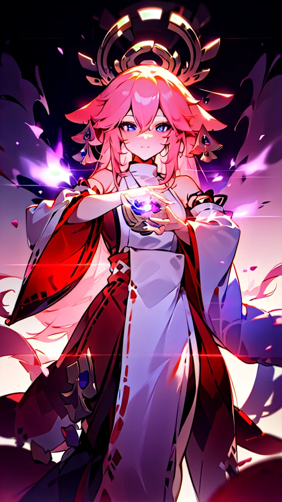 a beautiful detailed anime girl, yae miko, long silver hair, elegant purple kimono, exquisite facial features, mesmerizing eyes, graceful pose, magical glowing fox spirits, vibrant colors, cinematic lighting, digital painting, concept art style, 8k, highest quality, extremely detailed, photorealistic