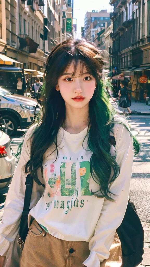 (Masterpiece), (Best Quality), (Super Detail), (disheveled Hair), (Illustration), (One Girl), (Fashionable Clothes), Standing, Fashion Model, Beholder, (Interview), (City Background), Finely Beautiful Eyes, Delicate Beautiful Face, Floating, (High Saturation), (Colorful Splash), Colorful Bubble, (Shine), Focus on the Face, Ponytail, Green Hair, Bangs, Hair Rings, Sweaty, Best Lighting, Best Shadows
