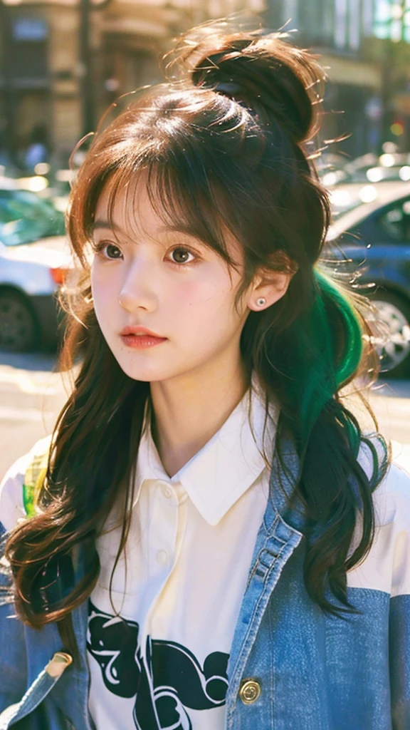 (Masterpiece), (Best Quality), (Super Detail), (disheveled Hair), (Illustration), (One Girl), (Fashionable Clothes), Standing, Fashion Model, Beholder, (Interview), (City Background), Finely Beautiful Eyes, Delicate Beautiful Face, Floating, (High Saturation), (Colorful Splash), Colorful Bubble, (Shine), Focus on the Face, Ponytail, Green Hair, Bangs, Hair Rings, Sweaty, Best Lighting, Best Shadows