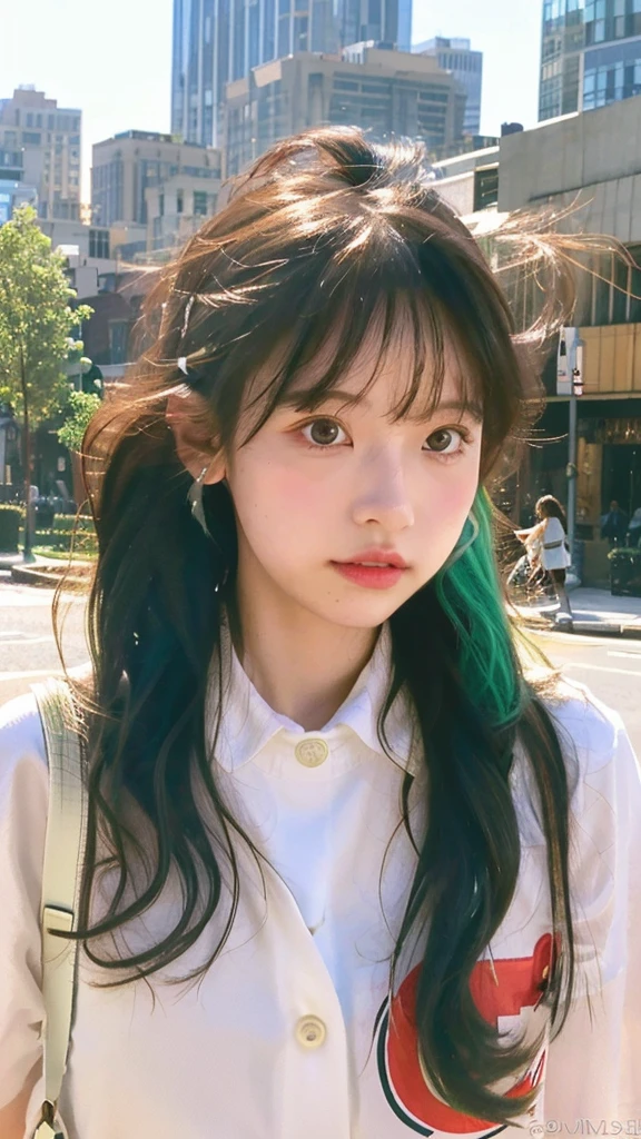 (Masterpiece), (Best Quality), (Super Detail), (disheveled Hair), (Illustration), (One Girl), (Fashionable Clothes), Standing, Fashion Model, Beholder, (Interview), (City Background), Finely Beautiful Eyes, Delicate Beautiful Face, Floating, (High Saturation), (Colorful Splash), Colorful Bubble, (Shine), Focus on the Face, Ponytail, Green Hair, Bangs, Hair Rings, Sweaty, Best Lighting, Best Shadows