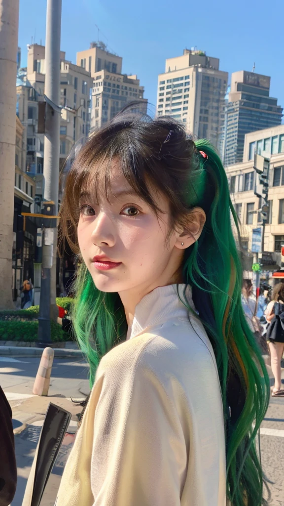 (Masterpiece), (Best Quality), (Super Detail), (disheveled Hair), (Illustration), (One Girl), (Fashionable Clothes), Standing, Fashion Model, Beholder, (Interview), (City Background), Finely Beautiful Eyes, Delicate Beautiful Face, Floating, (High Saturation), (Colorful Splash), Colorful Bubble, (Shine), Focus on the Face, Ponytail, Green Hair, Bangs, Hair Rings, Sweaty, Best Lighting, Best Shadows