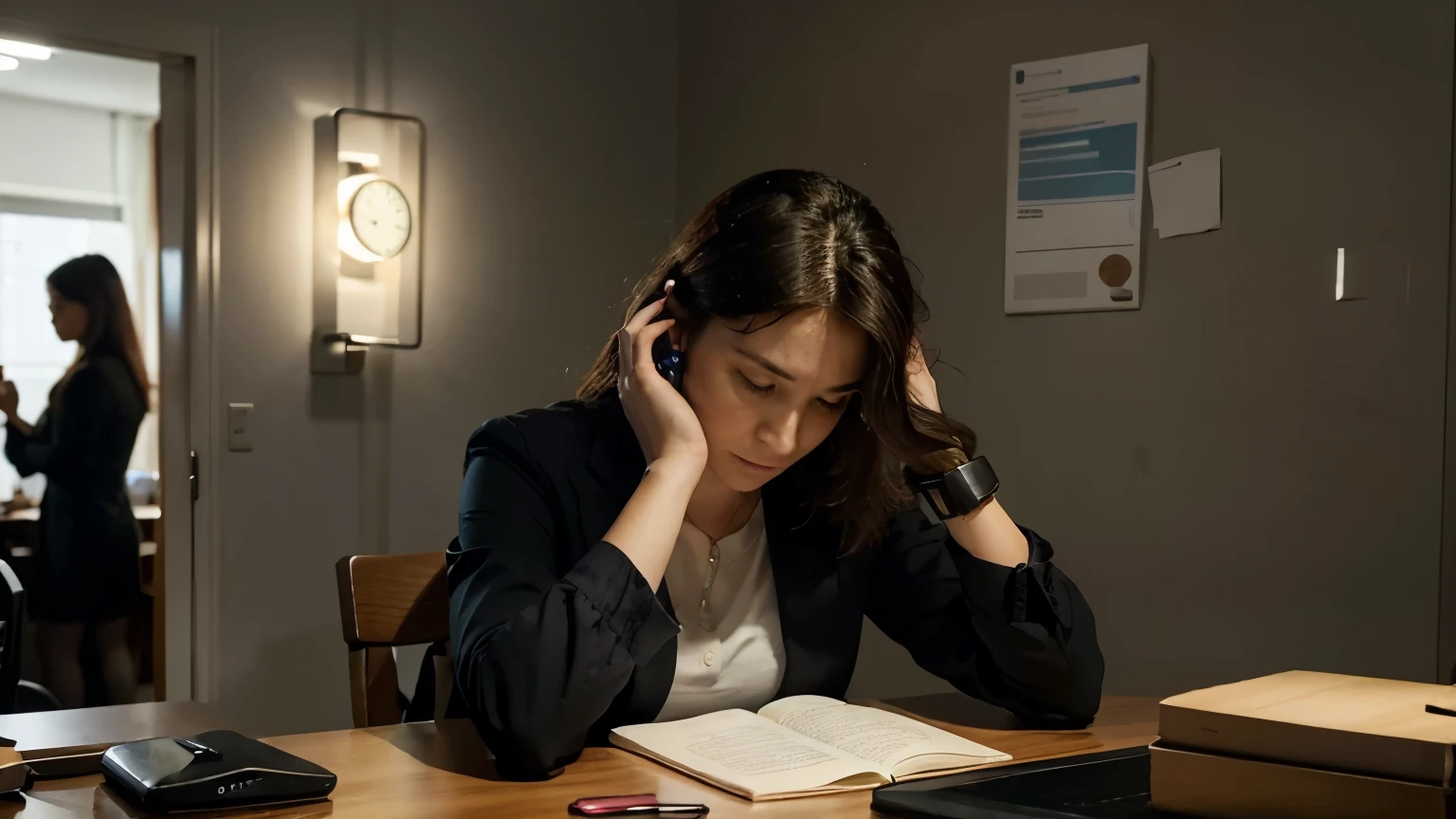 Instead of diving back into work, you find yourself mindlessly scrolling through your phone, checking social media, or even contemplating what to have for dinner.
The protagonist, still hunched over their desk, is now holding their phone, their attention completely diverted from the report on the computer screen.
Their eyes are glued to the phone screen, their fingers swiping and tapping with a mindless rhythm, as they get lost in the endless stream of social media posts, videos, or news articles.
A half-eaten sandwich or an empty coffee mug sits on the desk, hinting at the protagonist's attempt to procrastinate by grabbing a quick bite or drink.
The clock on the wall now reads 5:30 p.m., emphasizing the time that has been wasted while the protagonist was distracted.
The overall atmosphere is one of distraction and disengagement, as the protagonist struggles to resist the temptation to procrastinate and focus on the task at hand.
Additional details:
The protagonist's posture and facial expression convey a sense of detachment from their work, as they are fully absorbed in the virtual world of their phone.
The cluttered desk and the half-finished report serve as visual reminders of the looming deadline, adding to the sense of urgency and wasted time.
The tempting distractions, such as the phone screen or the thoughts of food, are represented as vibrant and eye-catching elements, symbolizing their power to pull the protagonist away from their work.
The ticking clock serves as a constant reminder of the consequences of procrastination, adding to the sense of guilt and anxiety.