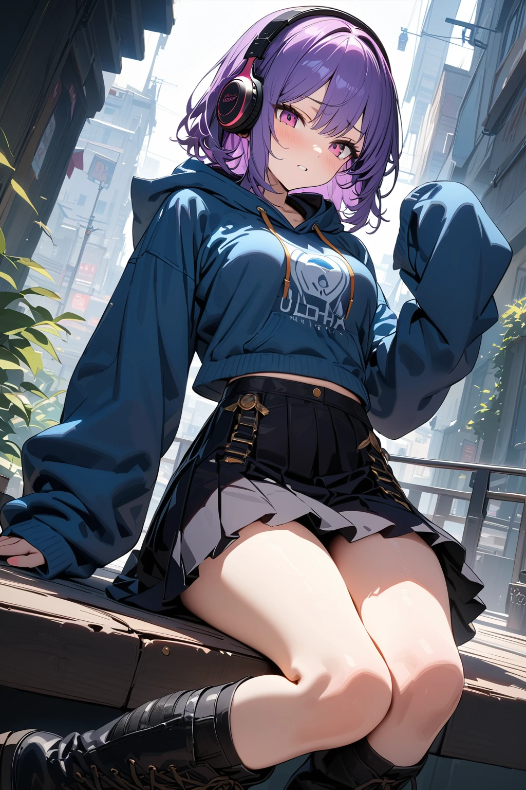 (masterpiece, best quality:1.5), (ultra detailed, high resolution, 8k, beautiful detailed, UHD, best ), 1 cute girl, purple hair, medium breasts, sleeves past fingers, Flared skirt, boots, blank expression, headphone, Hoodie