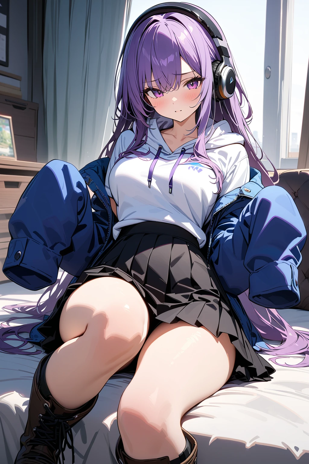 (masterpiece, best quality:1.5), (ultra detailed, high resolution, 8k, beautiful detailed, UHD, best anatomy), 1 cute girl, purple hair, medium breasts, sleeves past fingers, Flared skirt, boots, blank expression, headphone, Hoodie