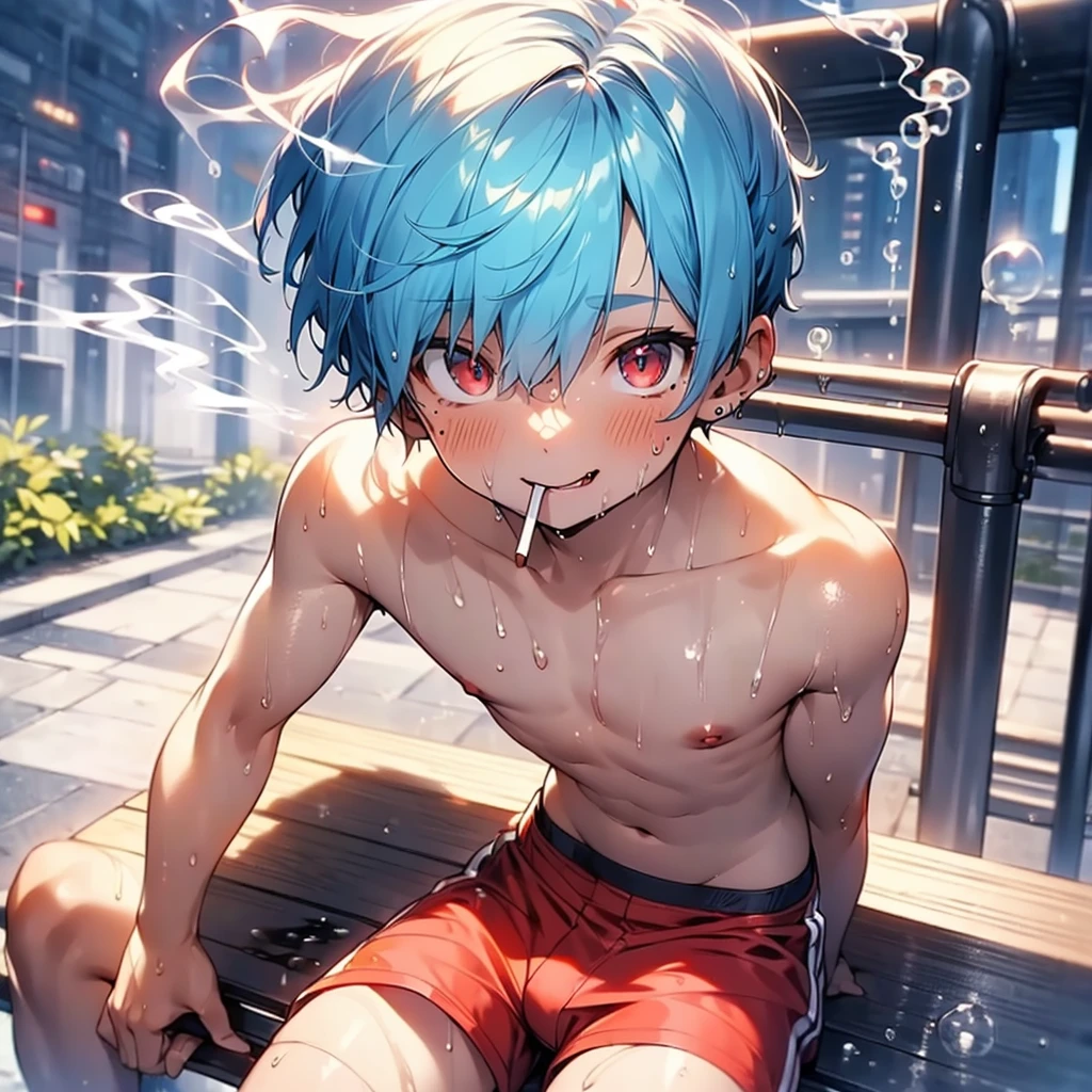 solo, (boldline:-1.6), (smoking:1.5), (((bubble))), (sitting on bench:1.5), (((fang))), (((best finger))), BREAK (best quality:1.5), (absolutely resolution:1.5), (ultra detailed:1.5), (masterpiece:1.5), (perfect face:1.5), (detailed face:1.3), (detailed eyes:1.5), (best eyes:1.5), (cute face), (shota:1.7), BREAK (topless:1.5), BREAK (red short pants:1.5), (see throgh wet clothes:1.5), (bulge:1.6), (skinny:1.3), (spiked hair), BREAK (light blue hair:1.5), (wine red eyes:1.4), (eyes with highlight:1.6), ((mole under eye)), (sweaty skin), (chuckling:1.5), (blush), ((earrings)), (shiny skin:1.3), BREAK (garden), (building:1.5), (at twilight:1.5), ((wind blowing)), ((nipple)), abs, groin,