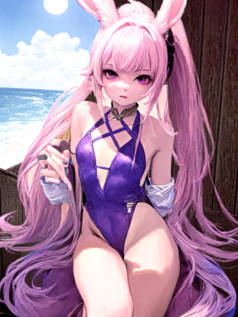 Sexy Rabbit Girl With Pink Ears Purple eyes Wearing a swimsuit with the body of a final fantasy 14 character, beautiful and sexy on a paradisic beach with a little ponytail and a strand of hair in her hair and white highlights, smaller eyes and also with black eye makeup that makes her look very beautiful su pelo es casi corto y tiene rayitos blancos esparcidos que se vea igualita a la imagen bien definida que tenga el mismo pelo de la imagen y un lunar en la cara pequeño como el de la imagen ponle mas detalles impresionantes a la playa.