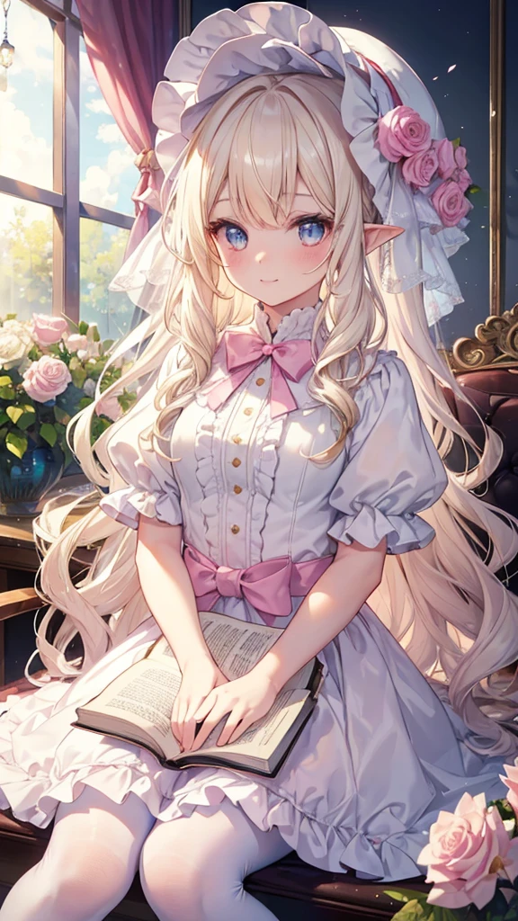 ((masterpiece,High resolution,8K quality,super delicate,highest quality)),girl,young girl,Chiquita,((highly detailed face)),goblin,delicate eyes,(blue glowing eyes, white hair),(hairstyle:long wave,strong wavy hair,soft wavy hair,blonde),pointed ears,Lens flare,white and pink ta dress,white ruffles,Half bonnet with pink roses on white fabric,white panniers,pink tights,shy smile,Pink Rose Garden,Light of the sun,pink petals,Sitting in a white chair,I read a book,