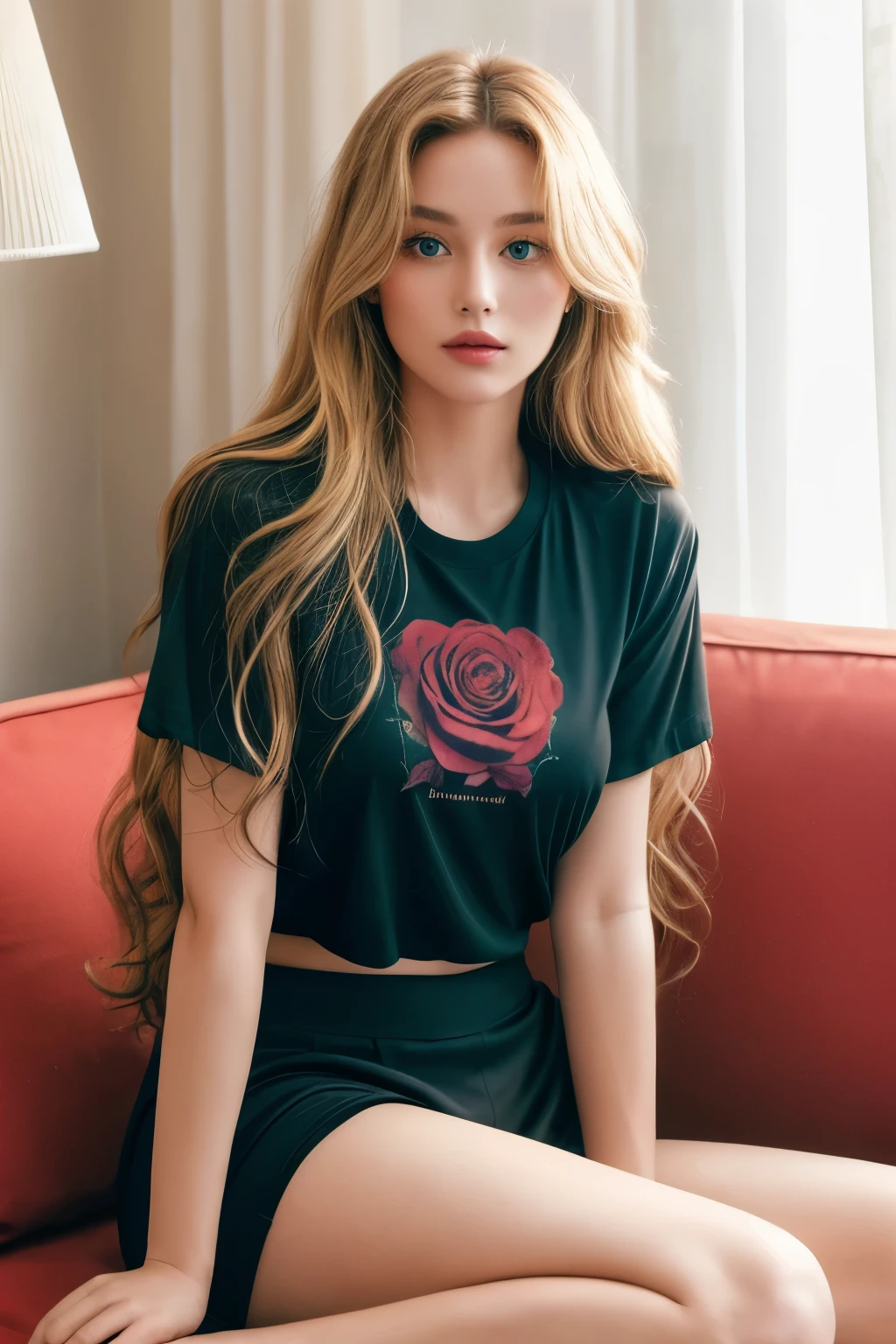 A stunning high quality photo of a beautiful and gorgeous woman with long wavy blonde hair, posing in an indoor setting. She wears a black t-shirt with the word 'LOVITT' printed on it and lace underwear. The woman has tattoos on both arms, with one prominently displaying a rose design. The background consists of a teal-colored curtain and a dimly lit ambiance. She is seated on a black couch with a brown cushion, and there's a lamp visible in the background.