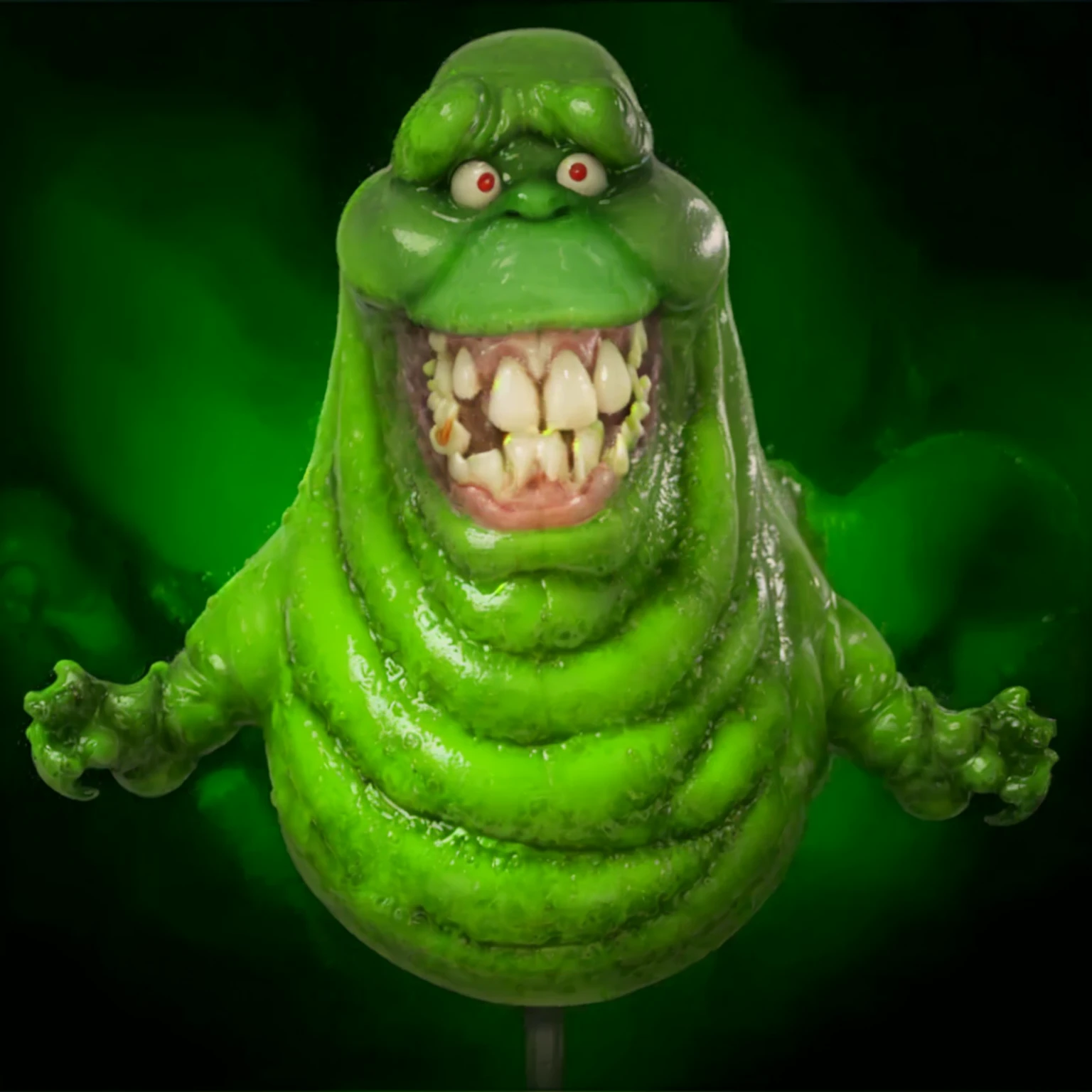 a close up, photograph, masterpiece of a green creature face perfectly defined, with a toothy smile, slimmer, ghostbusters character, 90s CGI, slimy and gelatinous slimy, gelatinous with a smile, grimace, fat and ripped creature, slime monster