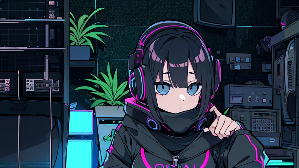 Best quality, (masterpiece:1.2), best detail face, 1 girl, big breasts, 18 yo, 8k,absurdres,unity 8k wall paper,(extremely detailed:1.3), highest realistic, (simple headphones:1.1), (soft neon light:1.1), (floating hair:1.2), (psychedelic:1.2), Her room full of music equipment and plants, Leaning back on the chair with a casual attitude, Light clothing in summer, dark grey color palette, black hair