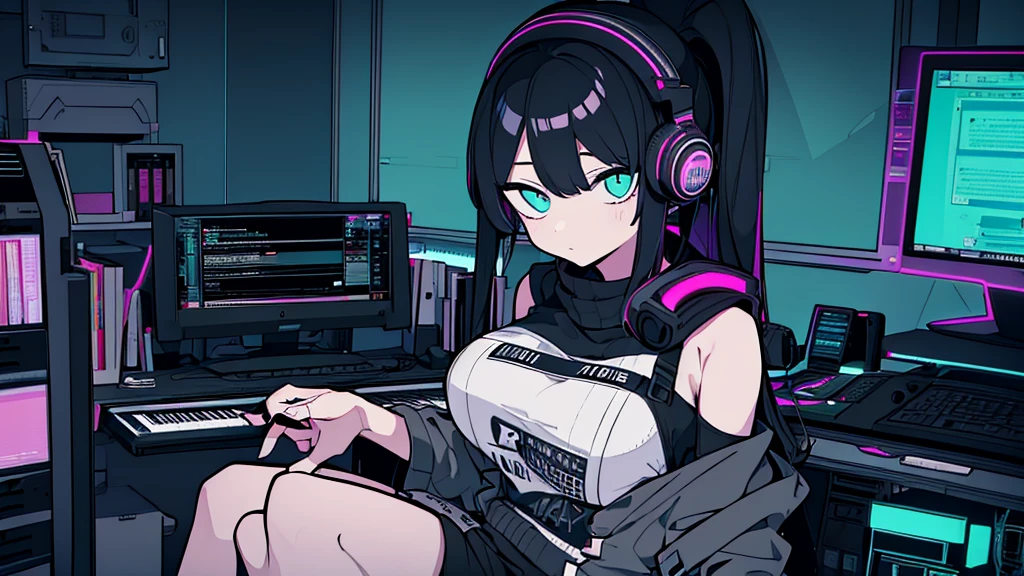 Best quality, (masterpiece:1.2), best detail face, 1 girl, big breasts, 18 yo, 8k,absurdres,unity 8k wall paper,(extremely detailed:1.3), highest realistic, (simple headphones:1.1), (soft neon light:1.1), (floating hair:1.2), (psychedelic:1.2), Her room full of music equipment and plants, Leaning back on the chair with a casual attitude, Light clothing in summer, dark grey color palette, black hair
