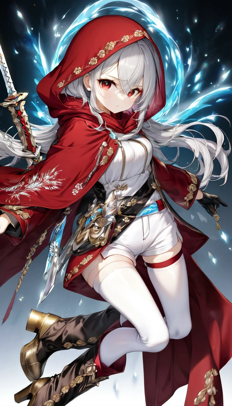 Highest quality, Super quality, 16K, Incredibly absurd, Very detailed, Silver Hair,delicate and dynamic, A cool beauty and a cute female swordsman,Body Inspection 50cmAbout, Big Holy Sword, A long red coat with a gold embroidered hood,, White trousers, Knee-high boots, Black messy hair and hair between the eyes, Glowing aura image effect,Delicate eyes,