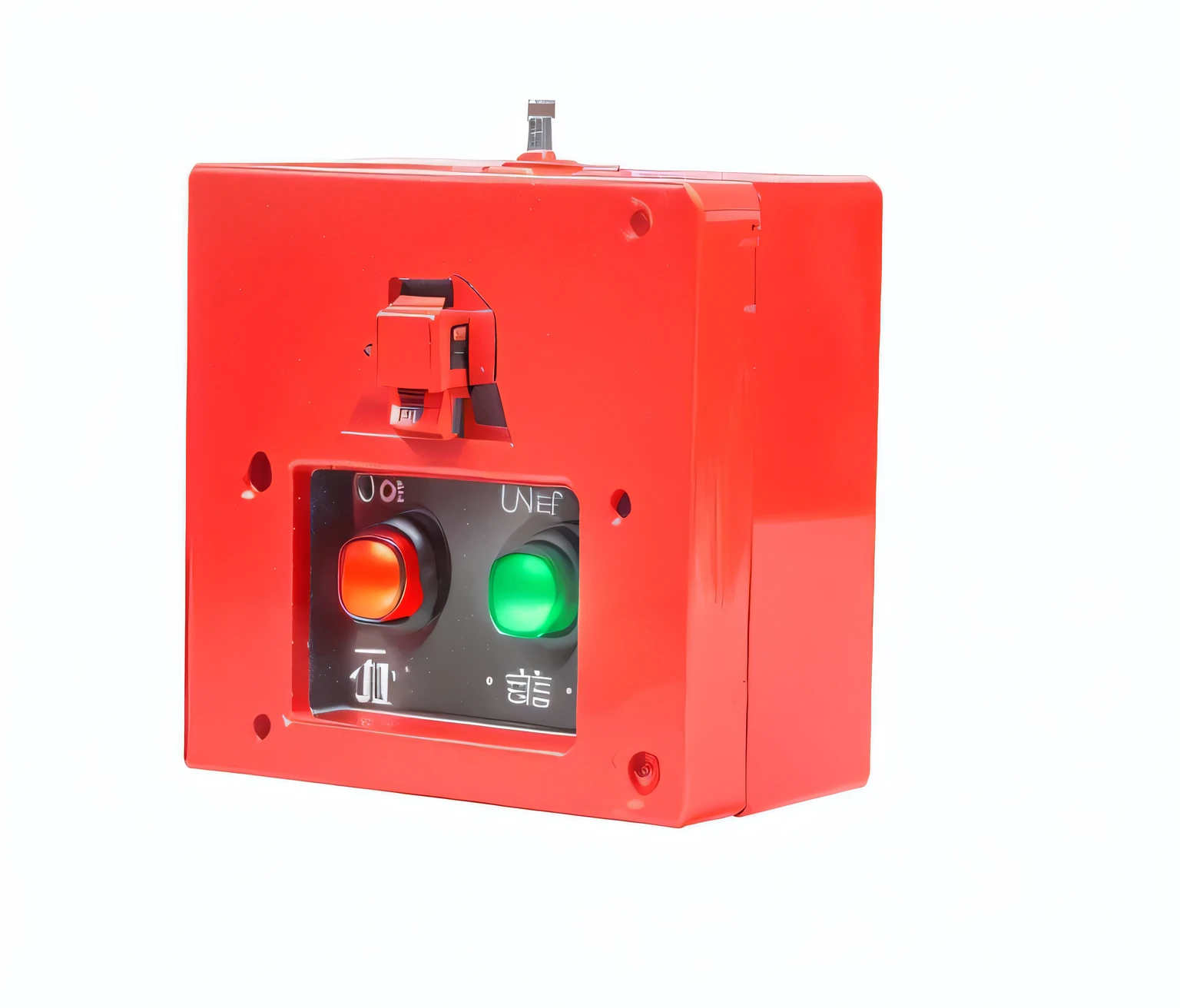 There is a red alarm box,There is a green light on it, product photo, emergency, miniature product photo, On a dark background, 800 tons, 800 tons, change, red mechanical body, On a white background, 8 thousand - hours 7 6 8, Photo showing, Product introduction photos, manual, High angle close-up。Unity of light and shadow,Hue unity