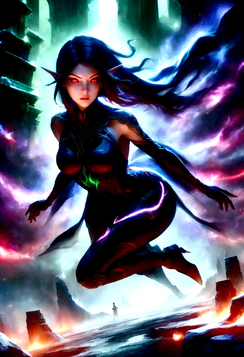 red eyes, sylvanas_windrunner, cinewow, 1girl, elf, will be depicted in the futuristic world of "Aeon Flux". The artwork will be created using the medium of digital illustration. The image quality should be at its best, with a resolution of 4k or 8k. It should be ultra-detailed and have a realistic, photorealistic appearance. The colors should be vivid and the lighting should be carefully designed to enhance the overall atmosphere of the scene. In the artwork,red eyes, sylvanas_windrunner, cinewow, 1girl, elf, character will be portrayed with beautiful, detailed eyes and lips. Her face will be extremely detailed, capturing her unique features and expressions. She will be shown in a dynamic pose, reflecting her strong and confident personality. The background will be a futuristic cityscape, showcasing the sci-fi elements of the "Aeon Flux" universe. The city will be presented in a dark and moody color palette, with neon lights illuminating the streets. The composition will have a strong sense of depth, with layers of buildings and structures creating a visually striking image. The artwork will have a professional and polished look, with sharp focus and ultra-fine painting details. The use of HDR and studio lighting will further enhance the realism of the scene. The overall style of the artwork will be influenced by concept artists, combining elements of science fiction and dystopia. The final result should be a masterpiece that captures the essence of "Aeon Flux" and portrayal of the red eyes, sylvanas_windrunner, cinewow, 1girl, elf, iconic character.