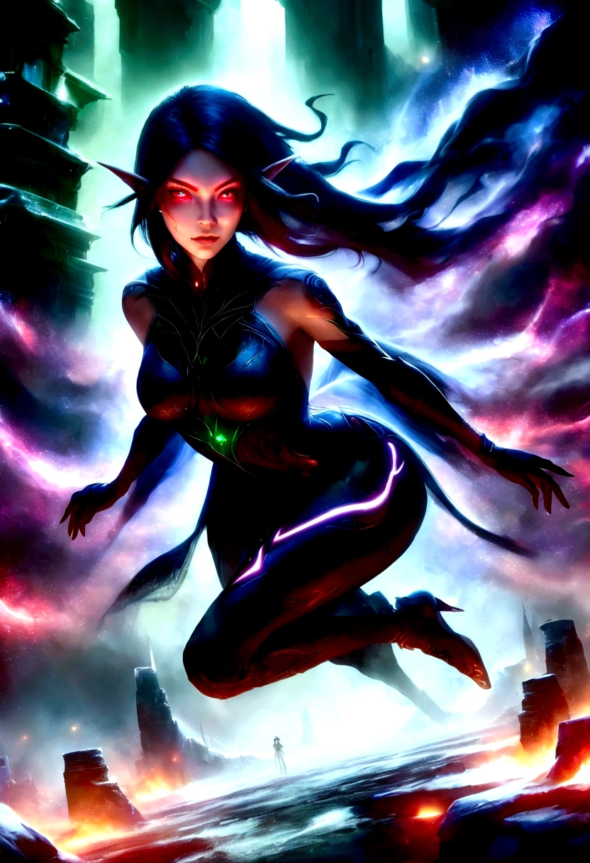 red eyes, sylvanas_windrunner, cinewow, 1girl, elf, will be depicted in the futuristic world of "Aeon Flux". The artwork will be created using the medium of digital illustration. The image quality should be at its best, with a resolution of 4k or 8k. It should be ultra-detailed and have a realistic, photorealistic appearance. The colors should be vivid and the lighting should be carefully designed to enhance the overall atmosphere of the scene. In the artwork,red eyes, sylvanas_windrunner, cinewow, 1girl, elf, character will be portrayed with beautiful, detailed eyes and lips. Her face will be extremely detailed, capturing her unique features and expressions. She will be shown in a dynamic pose, reflecting her strong and confident personality. The background will be a futuristic cityscape, showcasing the sci-fi elements of the "Aeon Flux" universe. The city will be presented in a dark and moody color palette, with neon lights illuminating the streets. The composition will have a strong sense of depth, with layers of buildings and structures creating a visually striking image. The artwork will have a professional and polished look, with sharp focus and ultra-fine painting details. The use of HDR and studio lighting will further enhance the realism of the scene. The overall style of the artwork will be influenced by concept artists, combining elements of science fiction and dystopia. The final result should be a masterpiece that captures the essence of "Aeon Flux" and portrayal of the red eyes, sylvanas_windrunner, cinewow, 1girl, elf, iconic character.