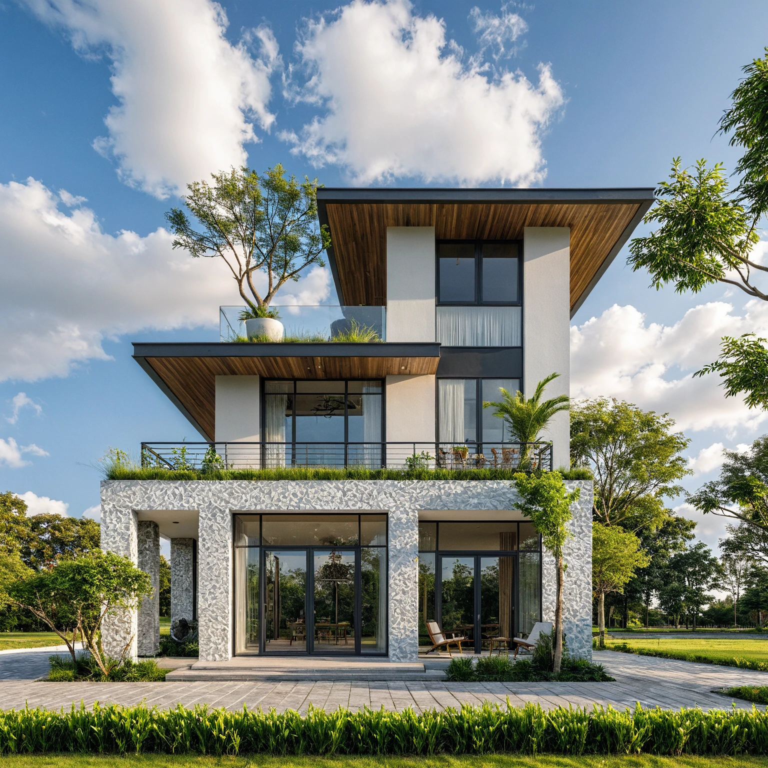 Masterpiece, high quality, best quality, authentic, super detail, outdoors, threestoreyvillaXL, aiaigroup, house style modern on the street, white wall, road, pavement, grass, trees, sky, cloud, (daylight:1.1),