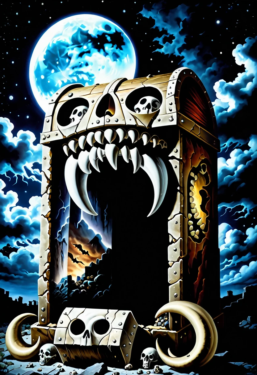  horror, surreal image  of (mimic),shaped like treasure box,(sharp teeth, long tongue:1.5), in stone ruin with skulls at night, night sky, eerie, moody  moon lighting,  ominous clouds swirling unnaturally, eldritch, cosmic horror, unknown, mysterious, surreal harmony, highly detailed