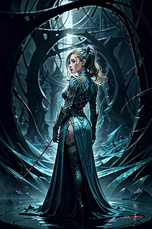 hyper realistic, 8k, award winning digital art, dark fantasy, dramatic lighting, full body shot, facing away, wide angle, back view, deep shadows, a vampiric goddess and her victim, extremely detailed skin, perfect blonde wavy hair, (A vampire goddess is hypnotizing her victim with hand gestures), (she is using her supernatural powers to psychically draw her victim's blood out of its body), hemokinesis, (there are lots of blood lines floating around the environment, flowing towards the vampire goddess's hand), she is wearing a very intricate organic exoskeleton detailed with glass textures, the sensuality she exudes is hard to resist, the scene unfolds in a dungeon dimly illuminated by a red glow, dark magic ritual, forbidden sorcery, pale blue and olive hues, mystical energy, dramatic lighting, chiaroscuro, moody atmosphere, cinematic composition, Yoshitaka Amano style