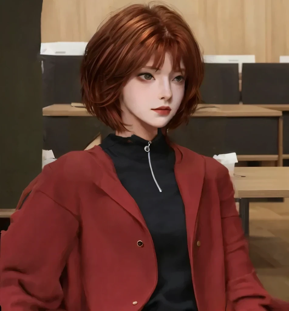 Reddish brown hair，Short hair