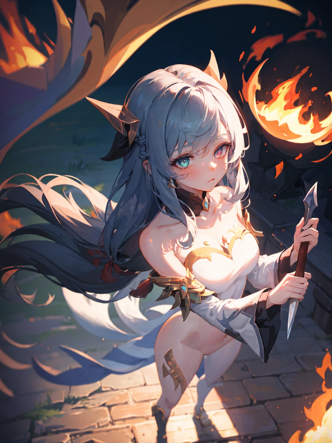 An outstanding painting of a beautiful white girl, flaming, surrounded by flames, dota2 fire girl style, ghost knife style, fire-like hair, long red hair, (hair over one eye), (heterochromia), nude, (completely nude:1.2), large breasts, detailed collarbone, perfect collarbone, watery blue big eyes, thin waist, wide hips, mage robes, magic colors, World of Warcraft style, By Blizzard Entertainment, Ultra HD, 8K, real skin texture, best light, best shadow, Lina from dota2, action, wizarding world, overhead view, small mouth, Small nose, big eyes, cute