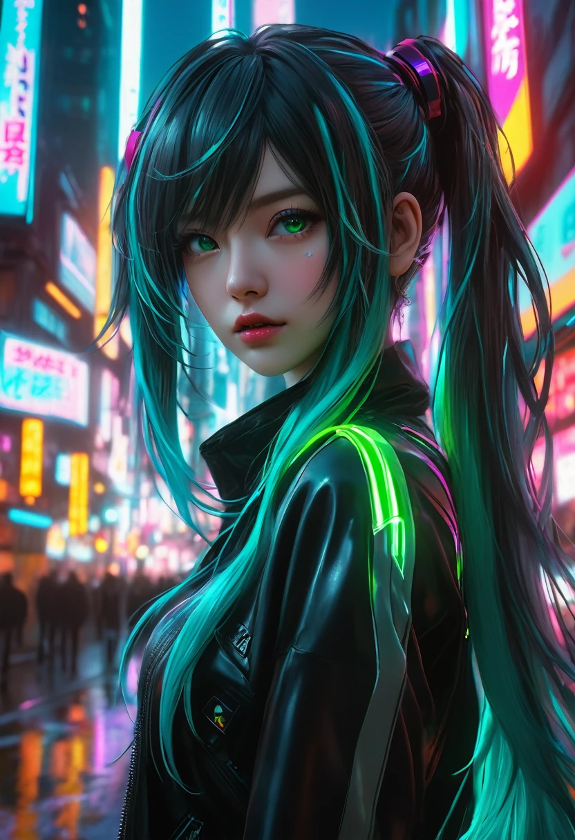 1girl, hatsune miku, black tape project, dutch angle, detailed hair, detailed facial features, detailed eyes, detailed lips, intricate hairstyle, long flowing hair, cyberpunk, neon lights, glowing neon, dark futuristic city, moody lighting, cinematic composition, dynamic camera angle, high contrast, vivid colors, (best quality,4k,8k,highres,masterpiece:1.2),ultra-detailed,(realistic,photorealistic,photo-realistic:1.37) , NSFW.