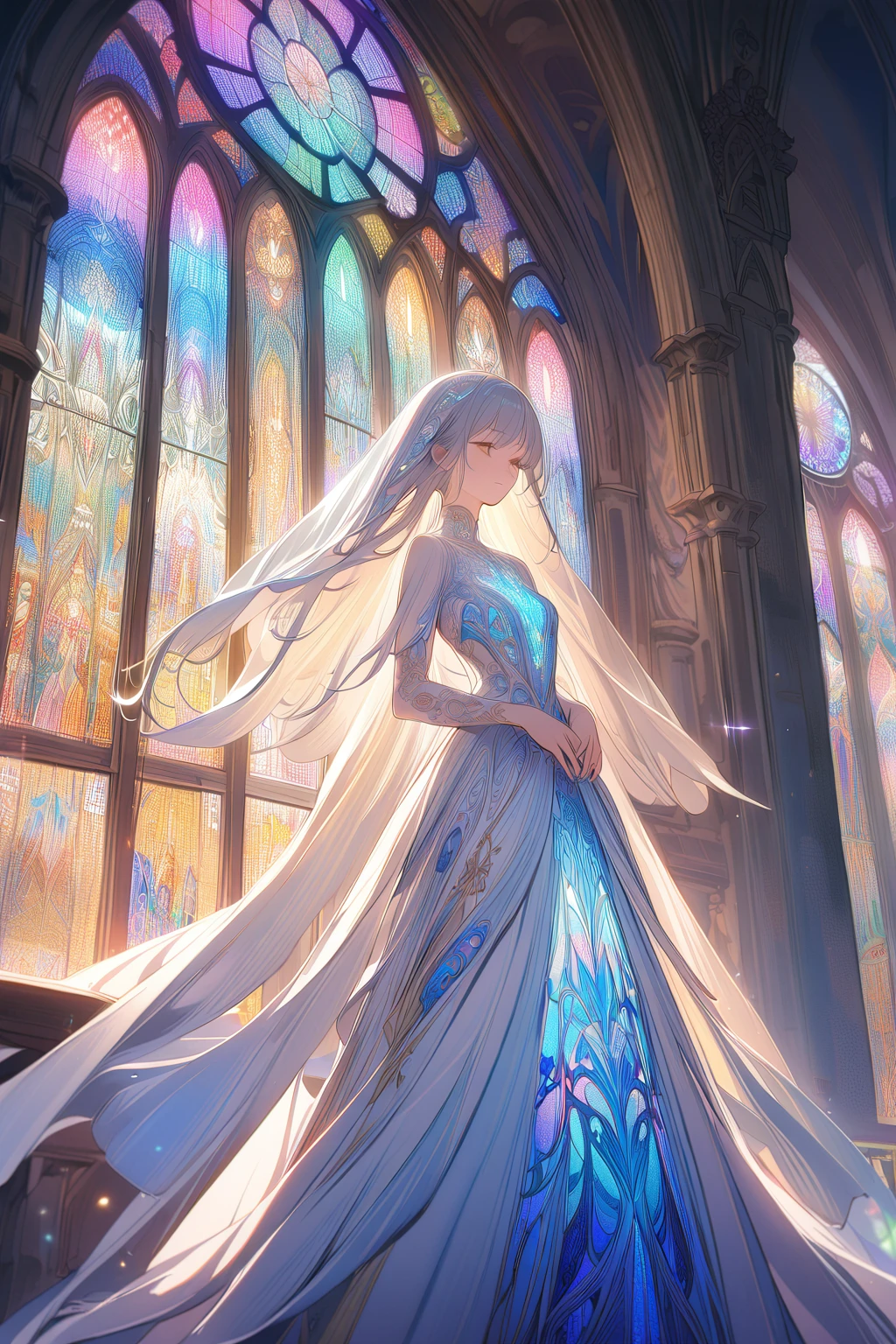 1girl, church, stained glass, in a glowing dress, fantastical, illuminated, serene, majestic, colorful, reflective, ethereal, spiritual, tranquil, vibrant, intricate, patterned, ornate, mystical, elegant, shimmering, radiant, graceful, peaceful, historic, sacred, artistic, dreamy, whimsical, solemn, enchanting, divine