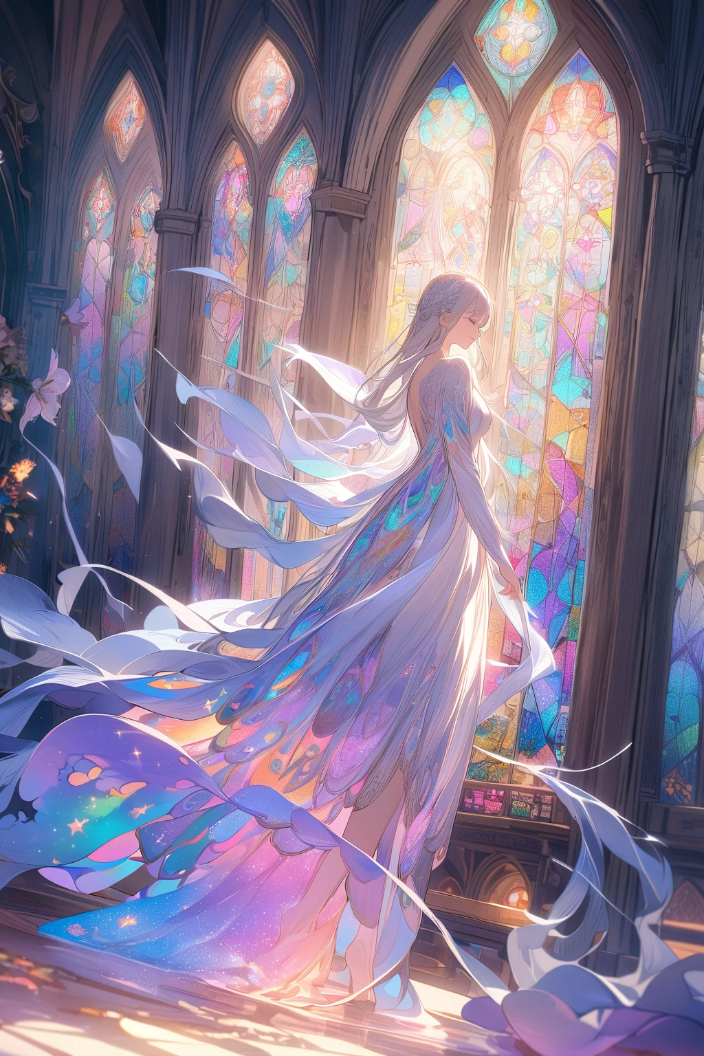 1girl, church, stained glass, in a glowing dress, fantastical, illuminated, serene, majestic, colorful, reflective, ethereal, spiritual, tranquil, vibrant, intricate, patterned, ornate, mystical, elegant, shimmering, radiant, graceful, peaceful, historic, sacred, artistic, dreamy, whimsical, solemn, enchanting, divine