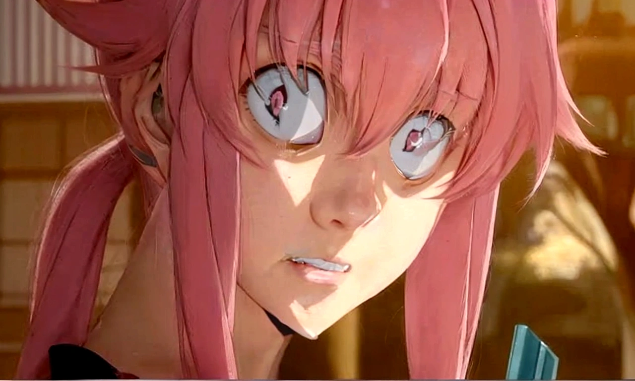 a woman with pink hair and pink eyes looks at the camera, Mirai Nikki, zero two, closeup of another iwakura, closeup of another iwakura, winax anime style, in the anime movie, screenshot from a 2012 anime, anime girl named gasai yuno, has a penetrating look, closeup of a young anime girl