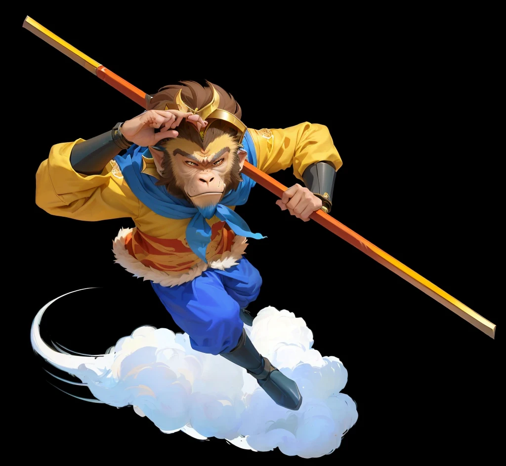 A cartoon image of a man flying in the air holding a pole, sun wukong, wukong, monkey king, humanoid monkey fantasy race, clever monkey with a long knife, Headquarters Artwork, Journey to the West, The character is flying, hold head high, Fan Art, monkey, mana in the air, Inspired by Junpei Sato, Dragon Discussion
