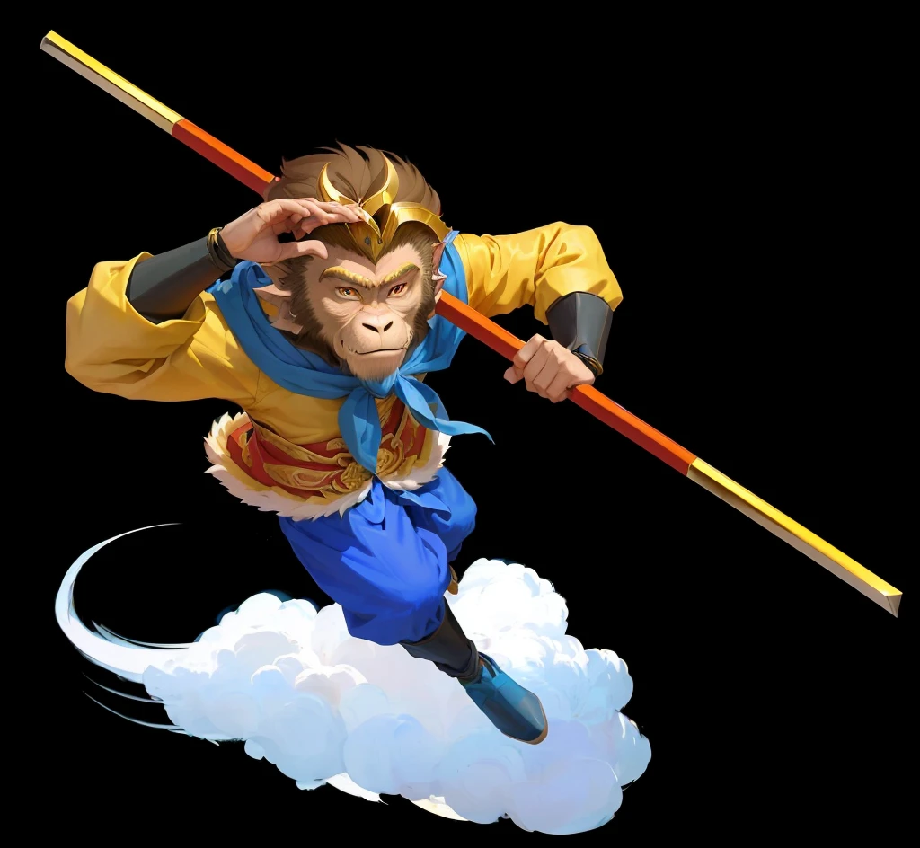 A cartoon image of a man flying in the air holding a pole, sun wukong, wukong, monkey king, humanoid monkey fantasy race, clever monkey with a long knife, Headquarters Artwork, Journey to the West, The character is flying, hold head high, Fan Art, monkey, mana in the air, Inspired by Junpei Sato, Dragon Discussion