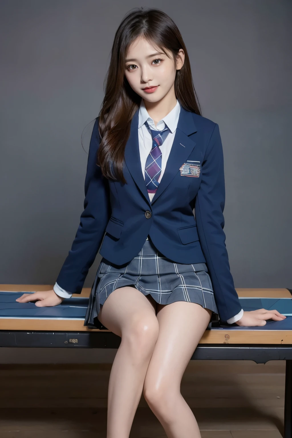 (8k), (highest quality: 1.2), (Realistic), (Realistic: 1.37), Ultra-high resolution, (1 girl), cute, blush,Embarrassed smile, Beautiful details, Beautiful Nose, straight Hair, Giant Dulcefo, pork, Thighs，Self Snap,University Uniforms,(A simple dark blue blazer:1.4),(Pleated skirt:1.2),(The skirt and tie are black tartan check pattern.:1.3),(Sitting:1), Sit on the bench,(Hold my feet:1),(Shiny 太い legs:1.2),from the front,knees