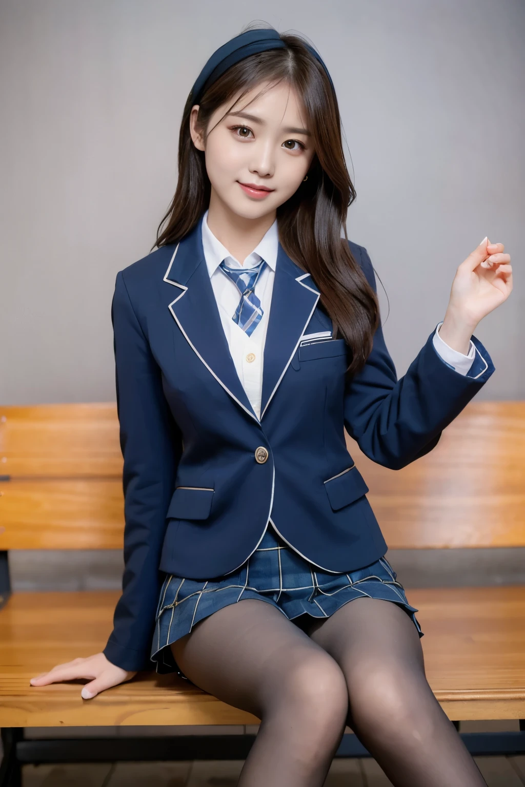 (8k), (highest quality: 1.2), (Realistic), (Realistic: 1.37), Ultra-high resolution, (1 girl), cute, blush,Embarrassed smile, Beautiful details, Beautiful Nose, straight Hair, Giant Dulcefo, pork, Thighs,Self Snap,University Uniforms,(A simple dark blue blazer:1.4),(Pleated skirt:1.2),(The skirt and tie are black tartan check pattern.:1.3),(Sitting:1), Sit on the bench,(Hold my feet:1),(Shiny 太い legs:1.2),from the front,knees