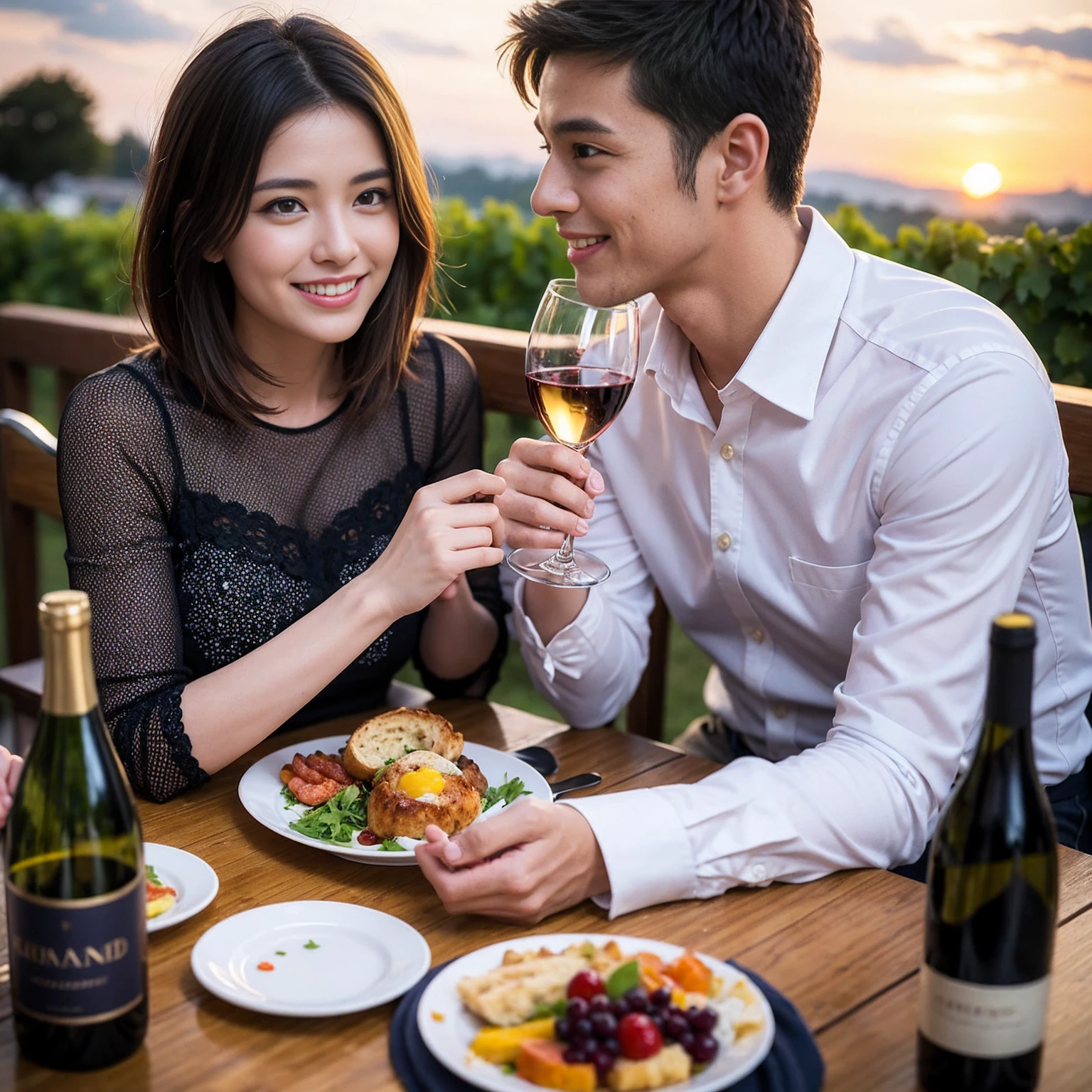 ((Highest quality、8K、masterpiece:1.3))、 (Ultra-realistic、 Genuine、Bright image、Intricate details:1.2), 最高のsmile、Wine Party、1 male 1 female、Beautiful couple、love love love、A gentle lover、Female announcer、actress couple、smile、Full-course dinner at a packed table、 (Slim face), (the body is slim), (Brown Hair), (short hair), テーブルのwine glass、Please shine a light on my face、 Amazing view of the sunset sky and clouds、1 years old 39 years old, red wine 、Appetizers、Wine bottle、sparkling wine、Long sleeve shirt、dress、White wine, red wine, wine glass,