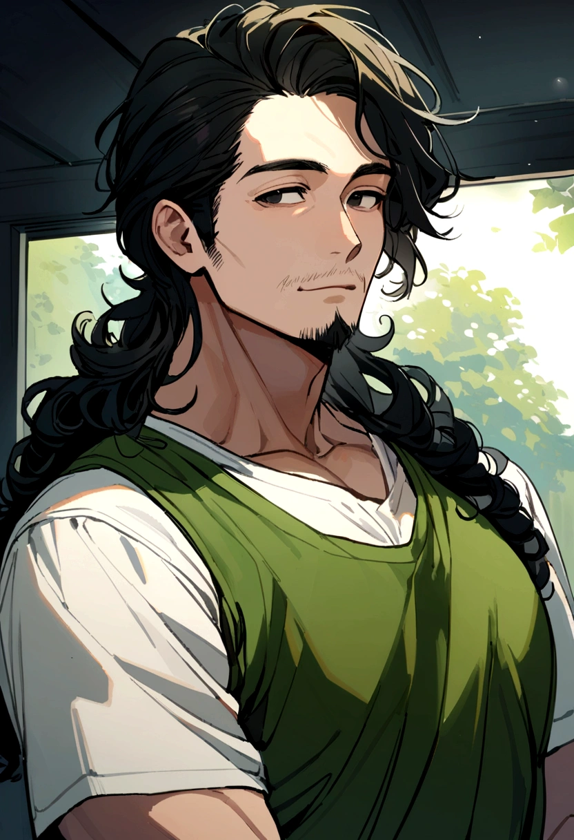 40 year old man, long and slightly curly black hair to shoulder length, dull black eyes, goatee, green tank top, white shirt inside. artist