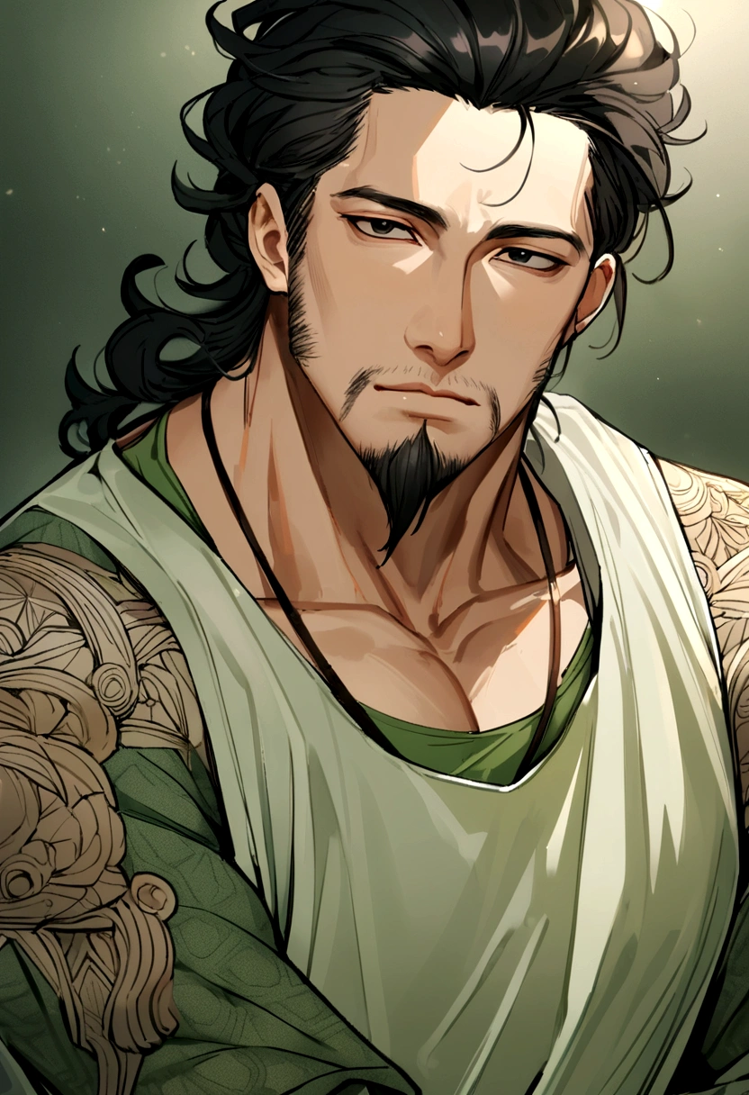 40 year old man, long and slightly curly black hair to shoulder length, dull black eyes, goatee, green tank top, white shirt inside. artist