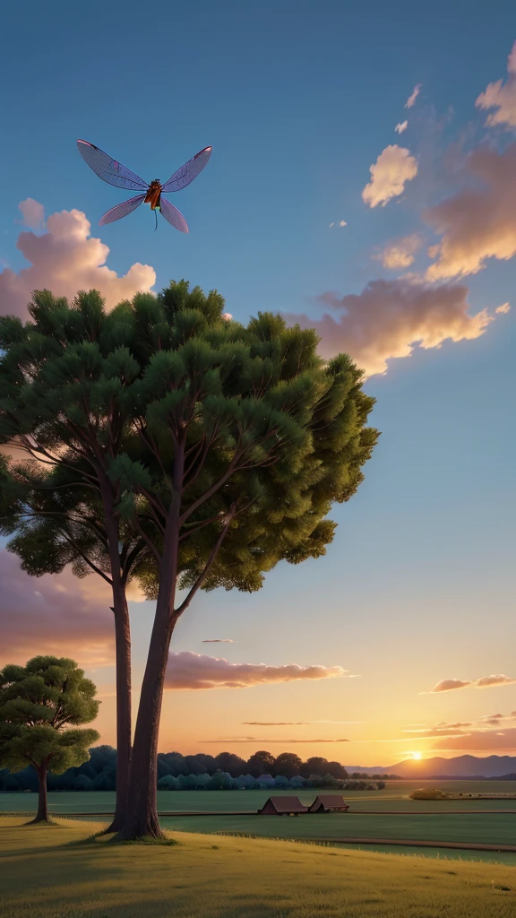 There is a beautiful dragonfly and a gentle breeze is blowing. Evening sunset landscape with no people　
