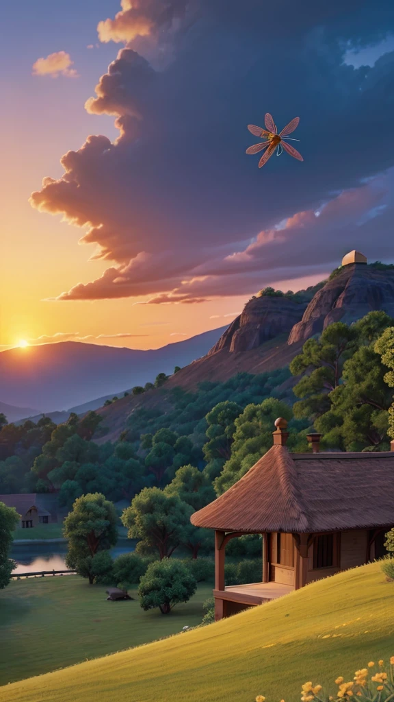 There is a beautiful dragonfly and a gentle breeze is blowing. Evening sunset landscape with no people　
